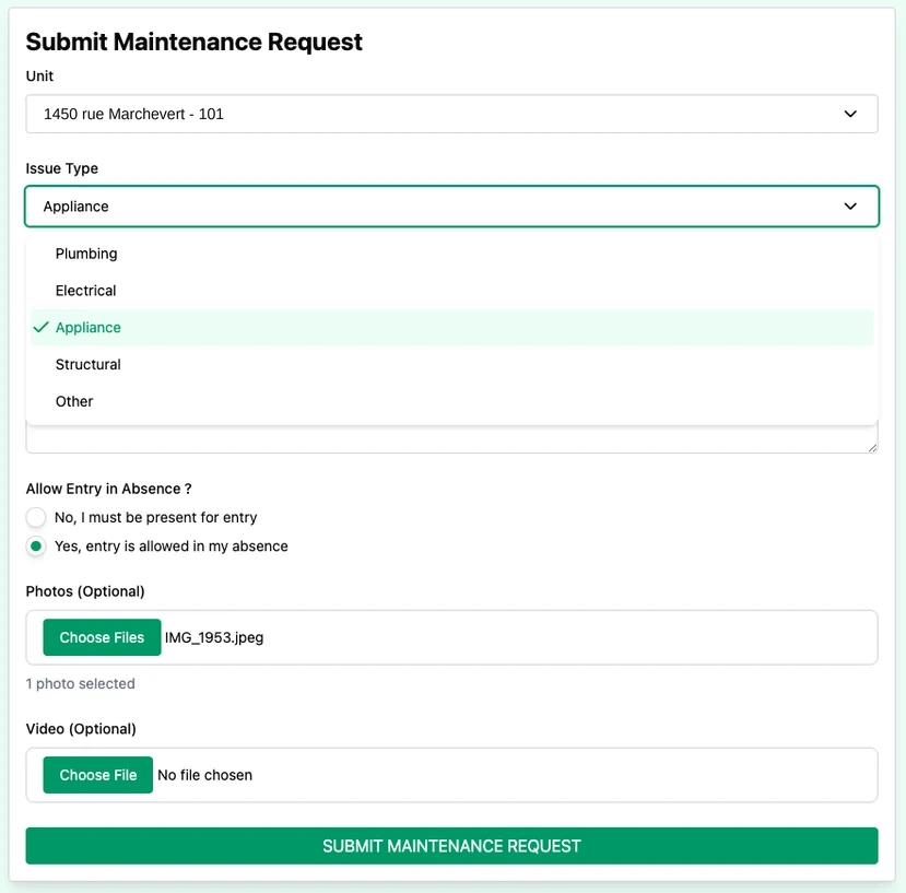 A tenant submitting a maintenance request in Elite Urbanity: the unit is preselected, an issue type is being chosen from plumbing, electrical, appliance, structural or other, a photo is attached, and entry permission has been granted.