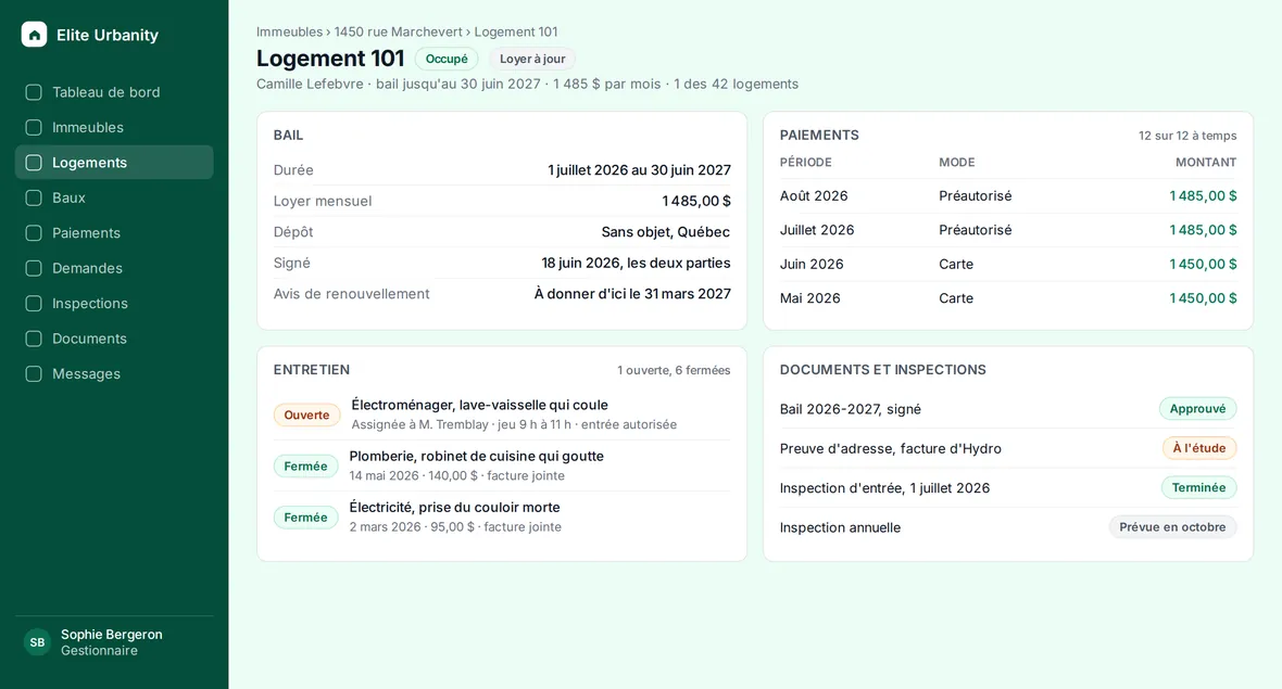 La vue du gestionnaire sur le logement 101 : la durée du bail et le loyer, douze paiements à temps, une demande d'électroménager ouverte assignée à un entrepreneur avec une plage réservée, et les documents et inspections de ce logement, sur une seule page.