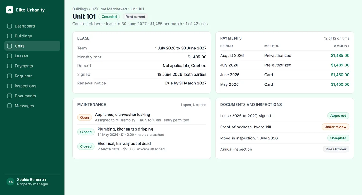 The property manager's view of unit 101: the lease term and rent, twelve payments on time, one open appliance request assigned to a contractor with a booked window, and the documents and inspections for that apartment, all on one page.