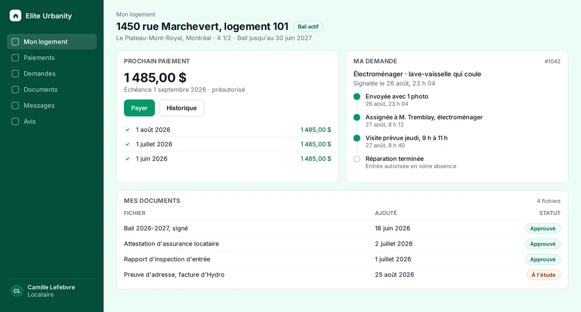 La page du locataire dans Urbanity : le prochain loyer à payer avec un bouton de paiement, les trois derniers paiements marqués payés, l'état de la réparation qu'il a signalée, et ses documents de bail, d'assurance et d'inspection avec leur statut d'approbation.